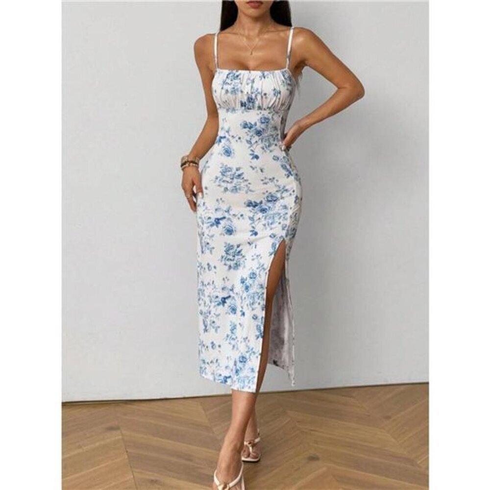 Floral Print Ruched Slit Cami Dress